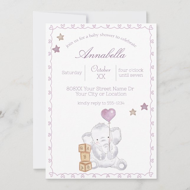 Niedlich Baby Girl Elephant und Balloon Wassercolo Einladung (Vorderseite)