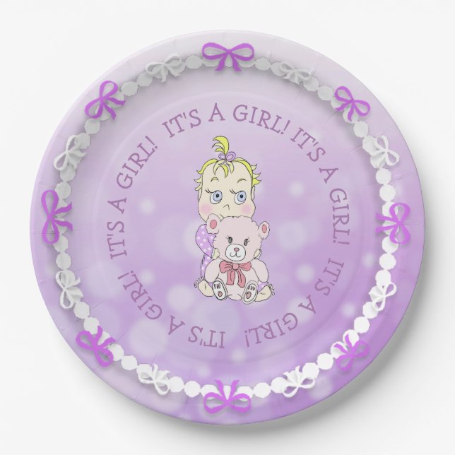 Niedlich Baby Girl Holding Teddy Bear Babydusche Pappteller (Vorderseite)