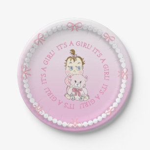 Niedlich Baby Girl Holding Teddy Bear Babydusche Pappteller