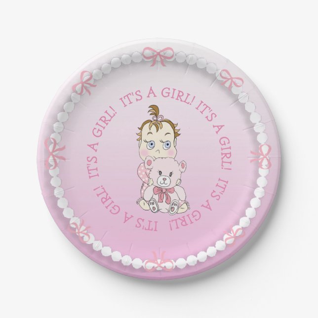 Niedlich Baby Girl Holding Teddy Bear Babydusche Pappteller (Vorderseite)