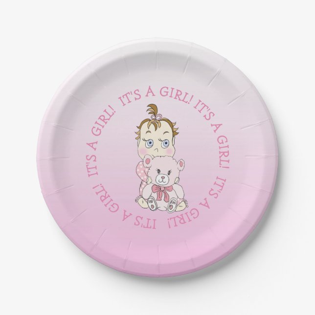 Niedlich Baby Girl Holding Teddy Bear Babydusche Pappteller (Vorderseite)