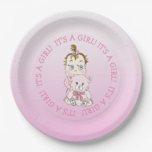 Niedlich Baby Girl Holding Teddy Bear Babydusche Pappteller