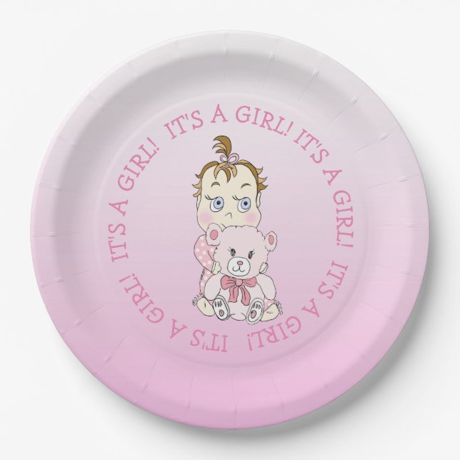 Niedlich Baby Girl Holding Teddy Bear Babydusche Pappteller (Vorderseite)