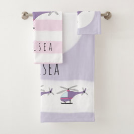 Niedlich Baby Girl Lila Helicopter & Name Badhandtuch Set