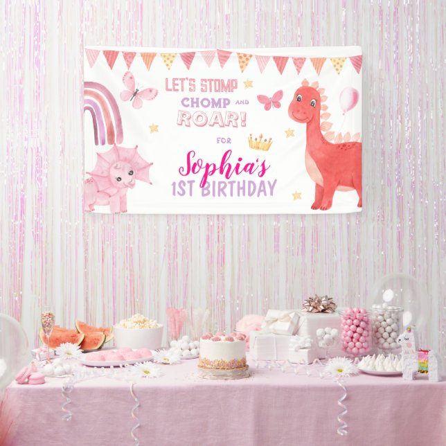 Niedlich Baby Girl Pink Dino Dinosaur Kindergeburt Banner (Party)
