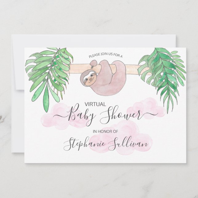 Niedlich Baby Girl Sloth Virtual Baby Dusche Einladung (Vorderseite)