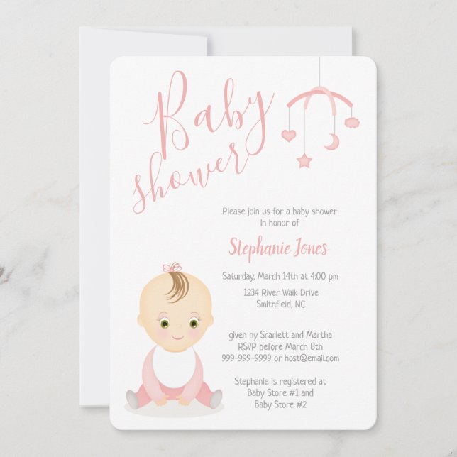 Niedlich Baby Girl und ihre Babydusche Einladung (Vorderseite)