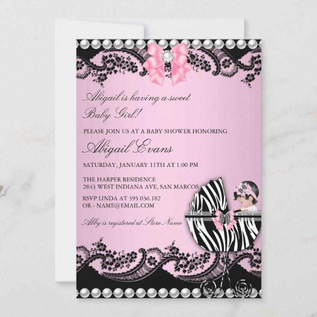 Niedlich Baby Girl Zebra Lace & Bows Babydusche Einladung (Vorderseite)
