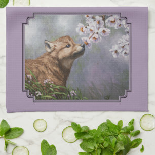 Niedlich Baby Gray Wolf Pup und Blume Geschirrtuch