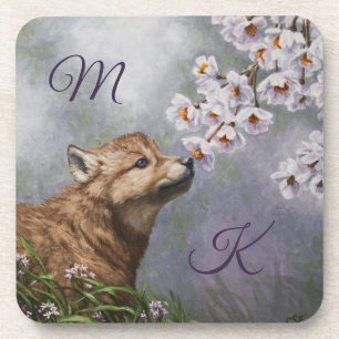 Niedlich Baby Gray Wolf Pup und Blume Getränkeuntersetzer