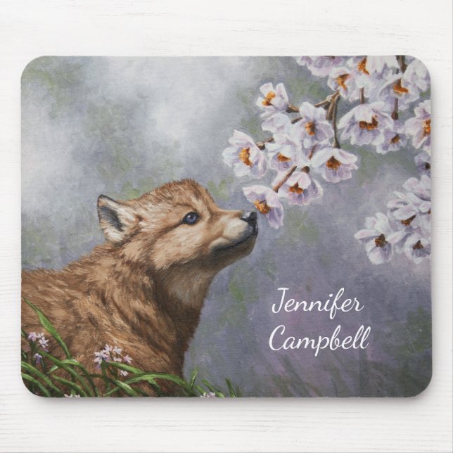 Niedlich Baby Gray Wolf Pup und Blume Mousepad (Vorne)
