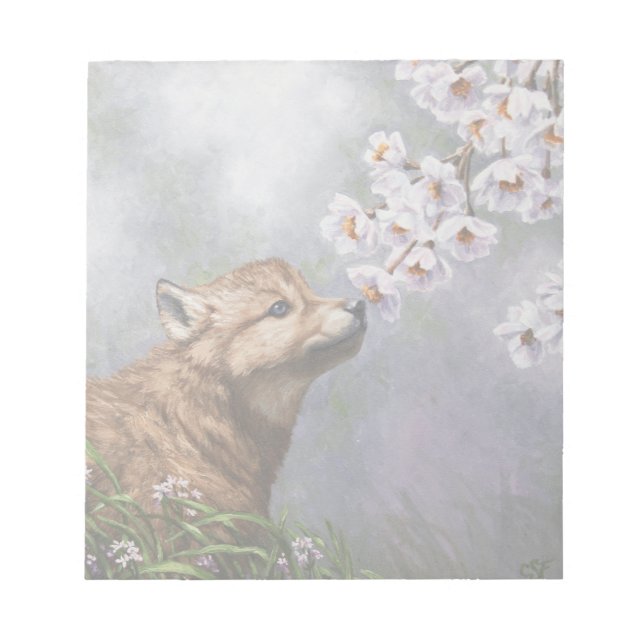 Niedlich Baby Gray Wolf Pup und Blume Notizblock (Vorderseite)