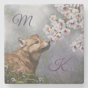 Niedlich Baby Gray Wolf Pup und Blume Steinuntersetzer