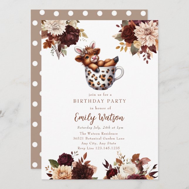 Niedlich Baby Highland Cow | Birthday Tee Party Einladung (Vorne/Hinten)