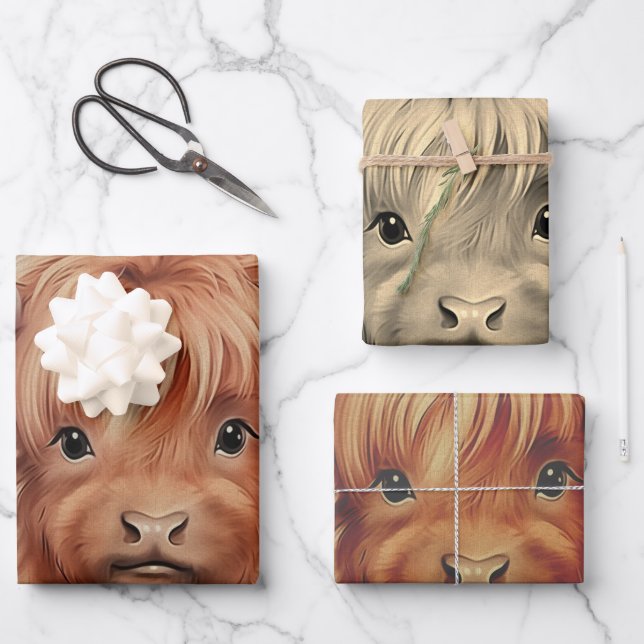 Niedlich Baby Highland Cow Valentine Hearts 2 Geschenkpapier Set (Vorderseite)