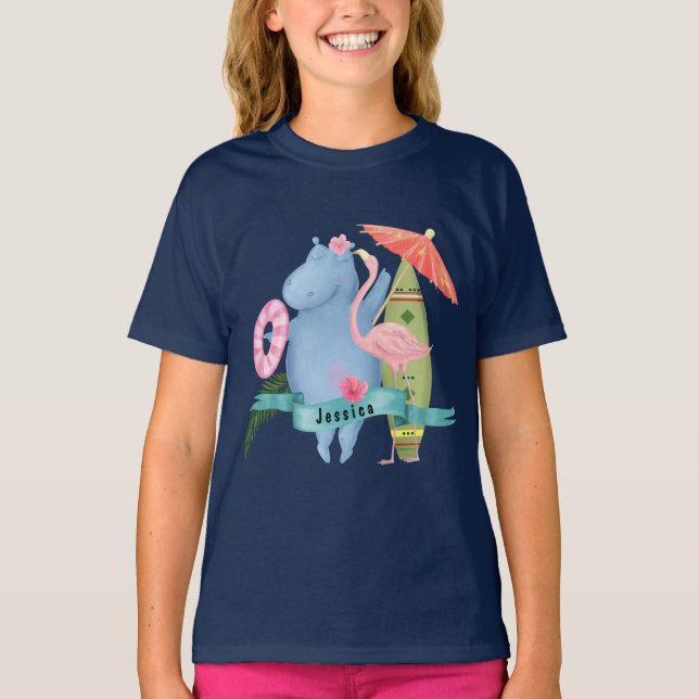 Niedlich Baby Hippo mit Flamingo Individuelle Name T-Shirt (Vorderseite)