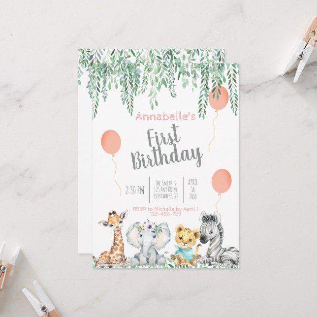Niedlich Baby Jungle Animals Greenery Erster Gebur Einladung (Vorderseite/Rückseite Beispiel)