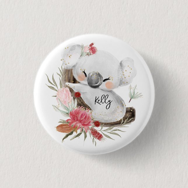 Niedlich Baby Koala Gold Speckle Individuelle Name Button (Vorderseite)