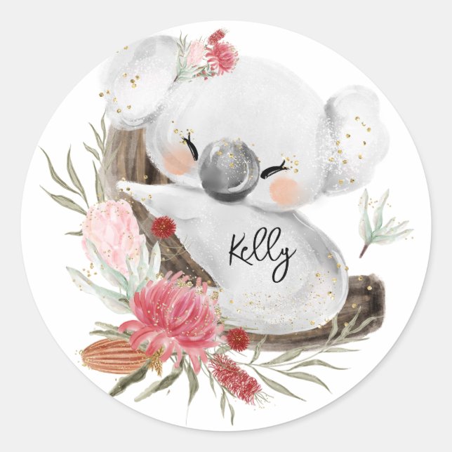 Niedlich Baby Koala Gold Speckle Individuelle Name Runder Aufkleber (Vorderseite)