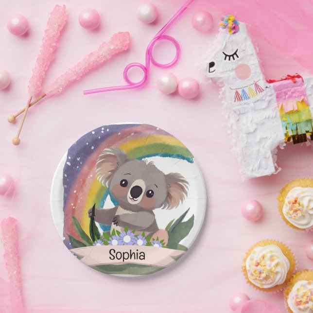 Niedlich Baby Koala Rainbow Individuelle Name Pappteller (Party)