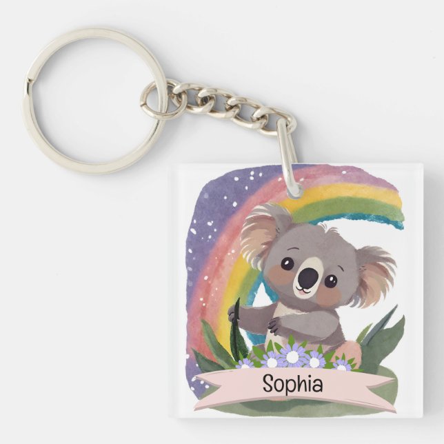 Niedlich Baby Koala Rainbow Individuelle Name Schlüsselanhänger (Vorderseite)