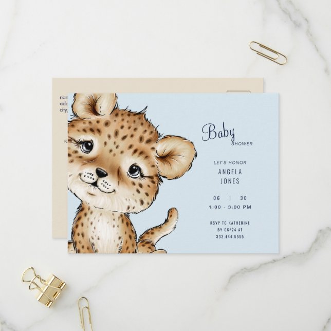 Niedlich Baby Leopard Babydusche Einladungspostkarte (Vorderseite/Rückseite Beispiel)