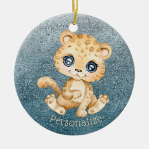 Niedlich Baby Leopard Blue Glitzer personalisieren Keramik Ornament