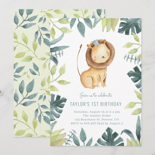 Niedlich Baby Lion Prince Tropical Jungle Geburtst Einladung (Vorne/Hinten)
