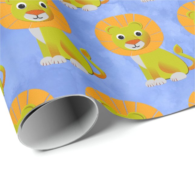 Niedlich Baby Lion Vintag Print Pattern Blau Geschenkpapier (Rolleneckpunkt)