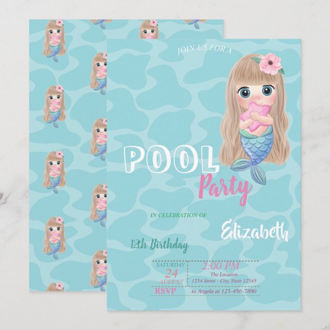 Niedlich Baby Mermaid Pool Geburtstagsparty Einladung (Vorne/Hinten)