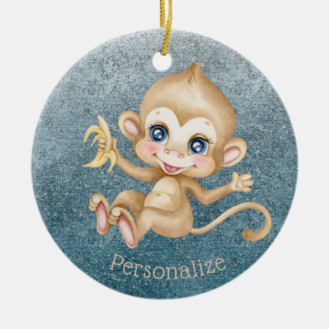 Niedlich Baby Monkey Banana Blue Glitzer Personali Keramik Ornament (Vorne)