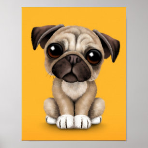 Niedlich Baby Mops Welpenhund auf Gelb Poster