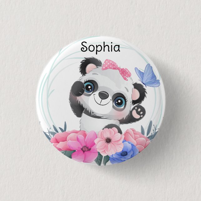 Niedlich Baby Panda Blume Wreath Individuelle Name Button (Vorderseite)