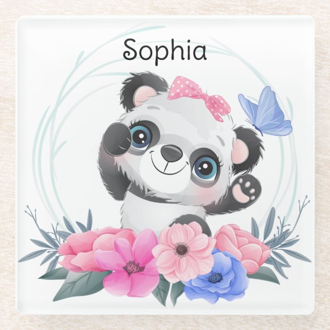 Niedlich Baby Panda Blume Wreath Individuelle Name Glasuntersetzer (Vorderseite)