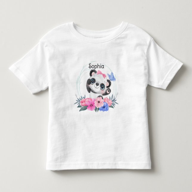 Niedlich Baby Panda Blume Wreath Individuelle Name Kleinkind T-shirt (Vorderseite)