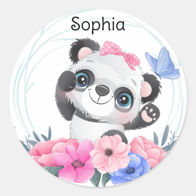 Niedlich Baby Panda Blume Wreath Individuelle Name Runder Aufkleber (Vorderseite)