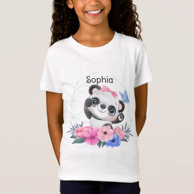 Niedlich Baby Panda Blume Wreath Individuelle Name T-Shirt (Vorderseite)