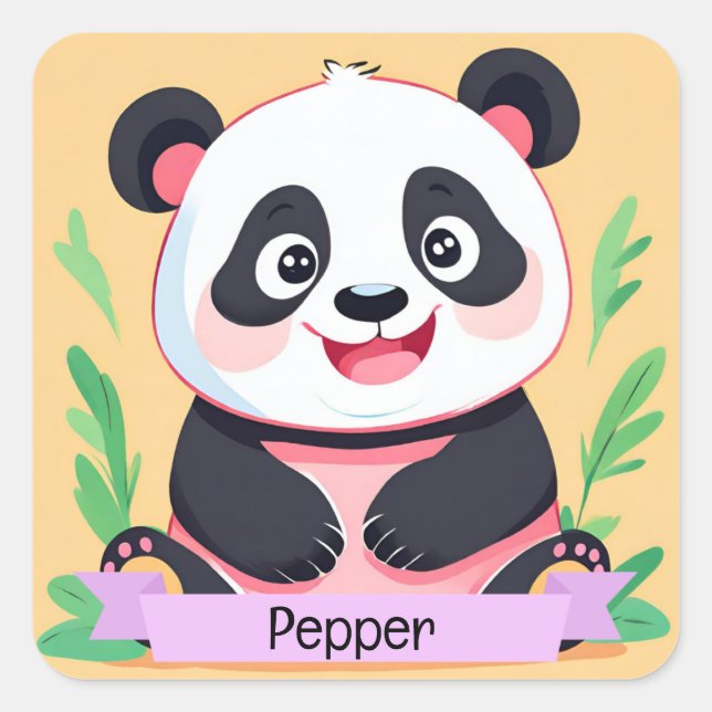 Niedlich Baby Panda Individuelle Name Quadratischer Aufkleber (Vorderseite)