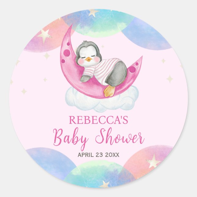 Niedlich Baby Penguin Pink Baby Dusche Runder Aufkleber (Vorderseite)