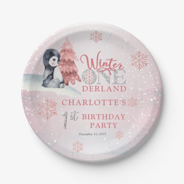 Niedlich Baby Penguin Winter ONEderland 1. Geburts Pappteller (Vorderseite)