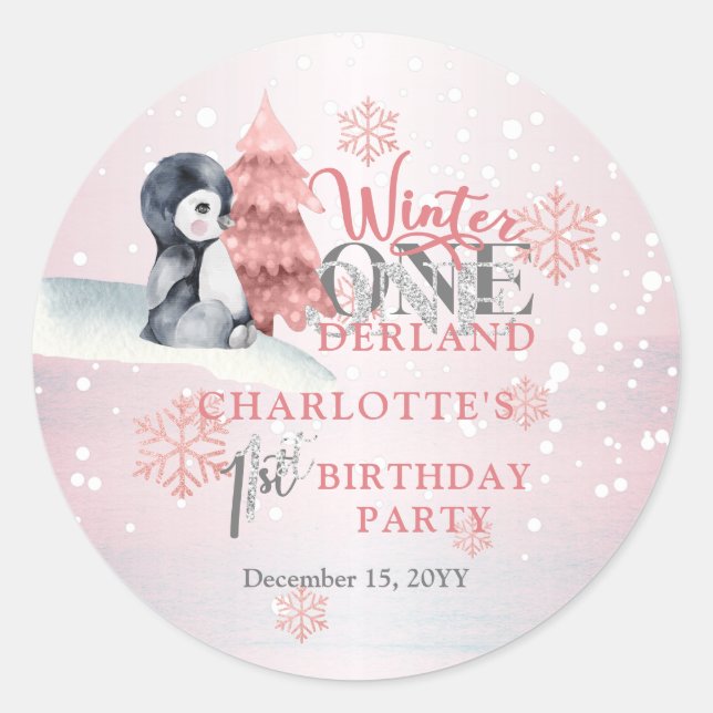 Niedlich Baby Penguin Winter ONEderland 1. Geburts Runder Aufkleber (Vorderseite)