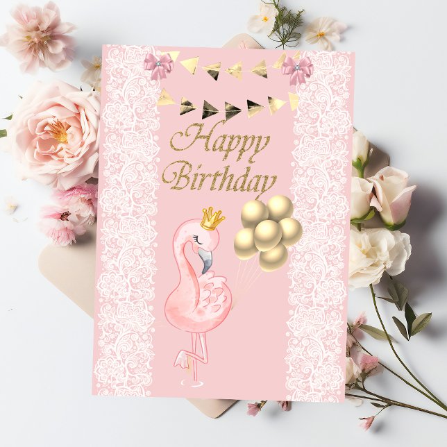 Niedlich Baby Pink Flamingo Crown Balloons Geburts Karte (Von Creator hochgeladen)
