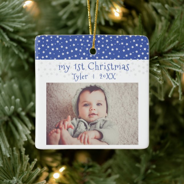 Niedlich Baby`s 1`Christmas Blue Stars Foto Baby Keramikornament (Baum)