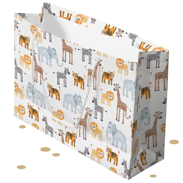Niedlich Baby Safari Tierfarbmuster Große Geschenktüte (Cute watercolor Safari Animals baby lion, giraffe zebra & elephant gift bag)