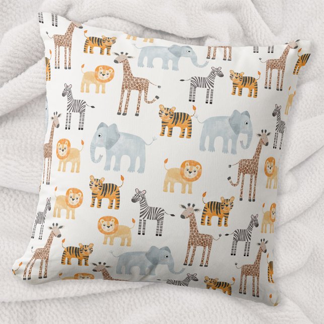 Niedlich Baby Safari Tierfarbmuster Kissen (Cute safari baby animals, lion tiger zebra elephant giraffe patterned throw pillow)