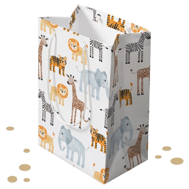 Niedlich Baby Safari Tierfarbmuster Mittlere Geschenktüte (Cute watercolor Safari Animals baby lion, giraffe zebra & elephant gift bag)