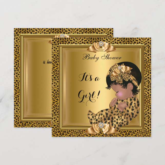 Niedlich Baby Shower Baby Leopard Gold Einladung (Vorne/Hinten)