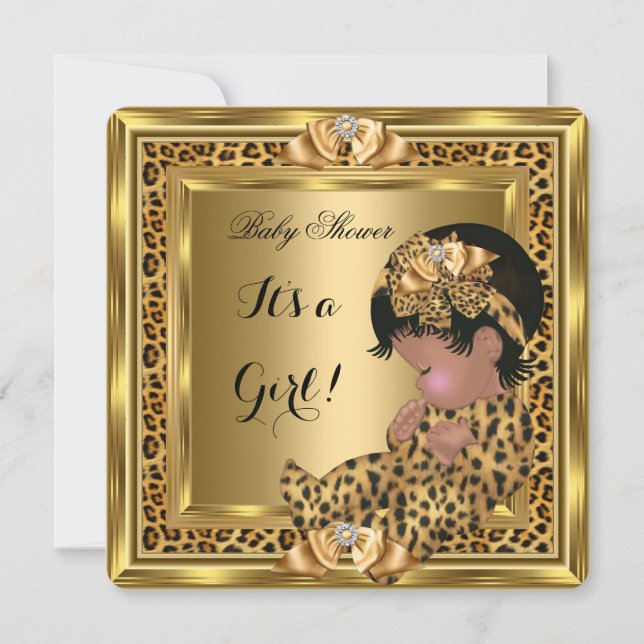 Niedlich Baby Shower Baby Leopard Gold Frame Einladung (Vorderseite)