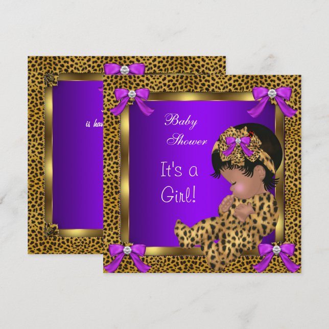 Niedlich Baby Shower Baby Leopard Lila Gold 2 Einladung (Vorne/Hinten)