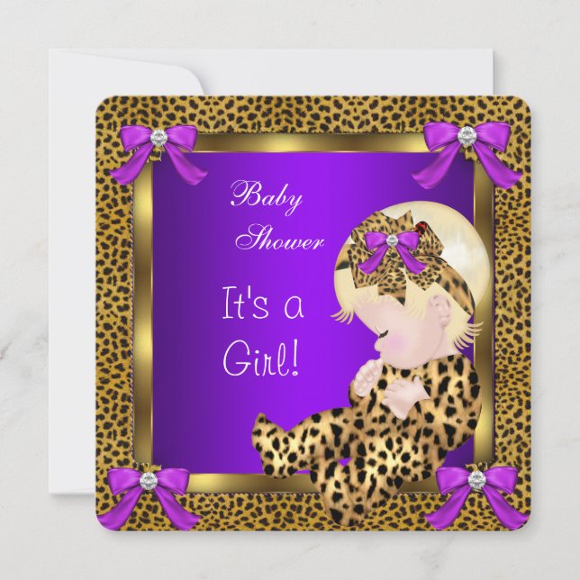Niedlich Baby Shower Baby Leopard Lila Gold 3 Einladung (Vorderseite)